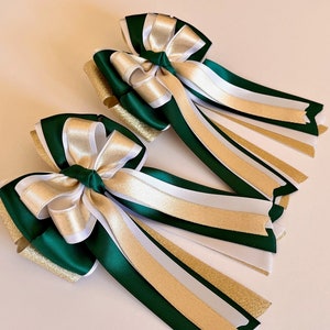 Gold Shimmer, Hunter Green and White Horse Show Bows, Equestrian Show Bows, Horseback Riding Hair Bows, Pony Bows, Competition Bows