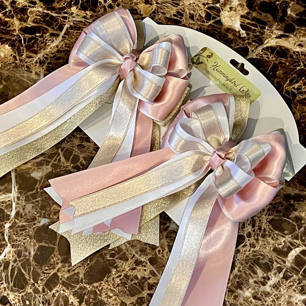 Gold Shimmer, Pink and White Horse Show Bows, Equestrian Show Bows, Girl's Horseback Riding Bows, Pony Bows