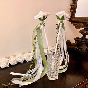 White and Sage Green Rose Ribbon Wand, Flower Girl Wand, Princess Wand, Fairy Wand, Ribbon Wand