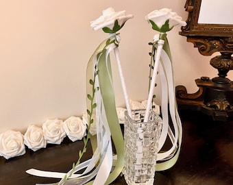 White & Sage Rose Ribbon Wand: Flower Girl Keepsake