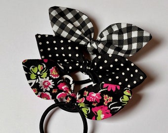 3 Pack Bunny Ears Hair Ties, Black Plaid, Polka Dot, Pink and Black Flowers Rabbit Ears, Fabric Hair Accessory, Cotton Hair Bows