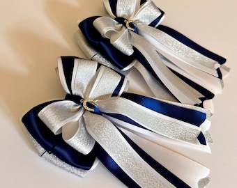 Silver Shimmer Equestrian Show Bows: Navy & White Pony Bows(Set of 2)
