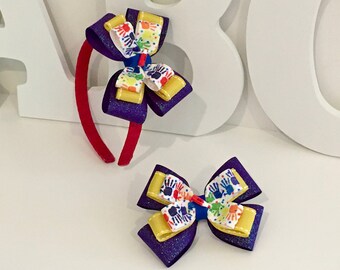 School Handprint Stacked Bow Headband, Back to School Girl's Headband, Purple Yellow and Red, Red Colored Pencil Headband, School Accessory