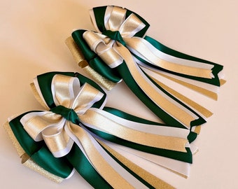 Gold Shimmer, Hunter Green and White Horse Show Bows, Equestrian Show Bows, Horseback Riding Hair Bows, Pony Bows, Competition Bows