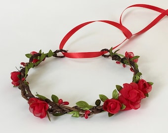 Red Chiffon Rose Flower Crown: Handmade Bridal Hair Wreath