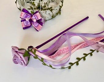 Rapunzel Rose Wand and Hair Bow Set, Rapunzel Inspired Hair Bow and Ribbon Wand, Disney Inspired Princess Hair Accessory, Princess Wand