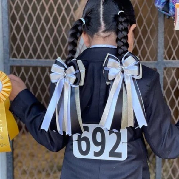 Gold Simmer, Black and White Horse Show Bows, Equestrian Show Bows, Horseback Riding Bows, Elastic Hair Bows