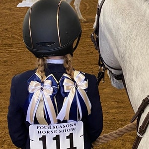 Gold Shimmer, Navy and White Horse Show Bows, Equestrian Show Bows, Kid&#39;s Competition Bows, Pony Bows