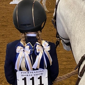 Gold Shimmer, Navy and White Horse Show Bows, Equestrian Show Bows, Kid's Competition Bows, Pony Bows