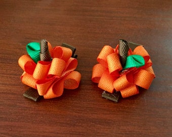 Pumpkins Clip Set, Ribbon Sculpture Hair Bows, Girl's PumpkinHair Clips, Autumn Bows, Kid's Fall Hair Bows