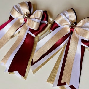 Gold Shimmer, Maroon and White Horse Show Bows, Equestrian Show Bows, Girl's Horse Show Bows, Gold, Burgundy and White Equestrian Bows