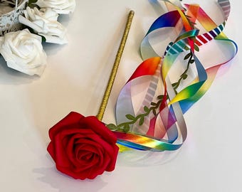 Rainbow Ribbon Wand: Red Rose Fairy Magic Wand
