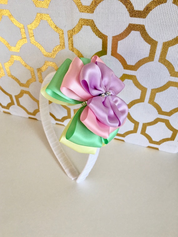 Pastel Satin Ribbon Bow Headband: Rhinestone Girl display picture 2