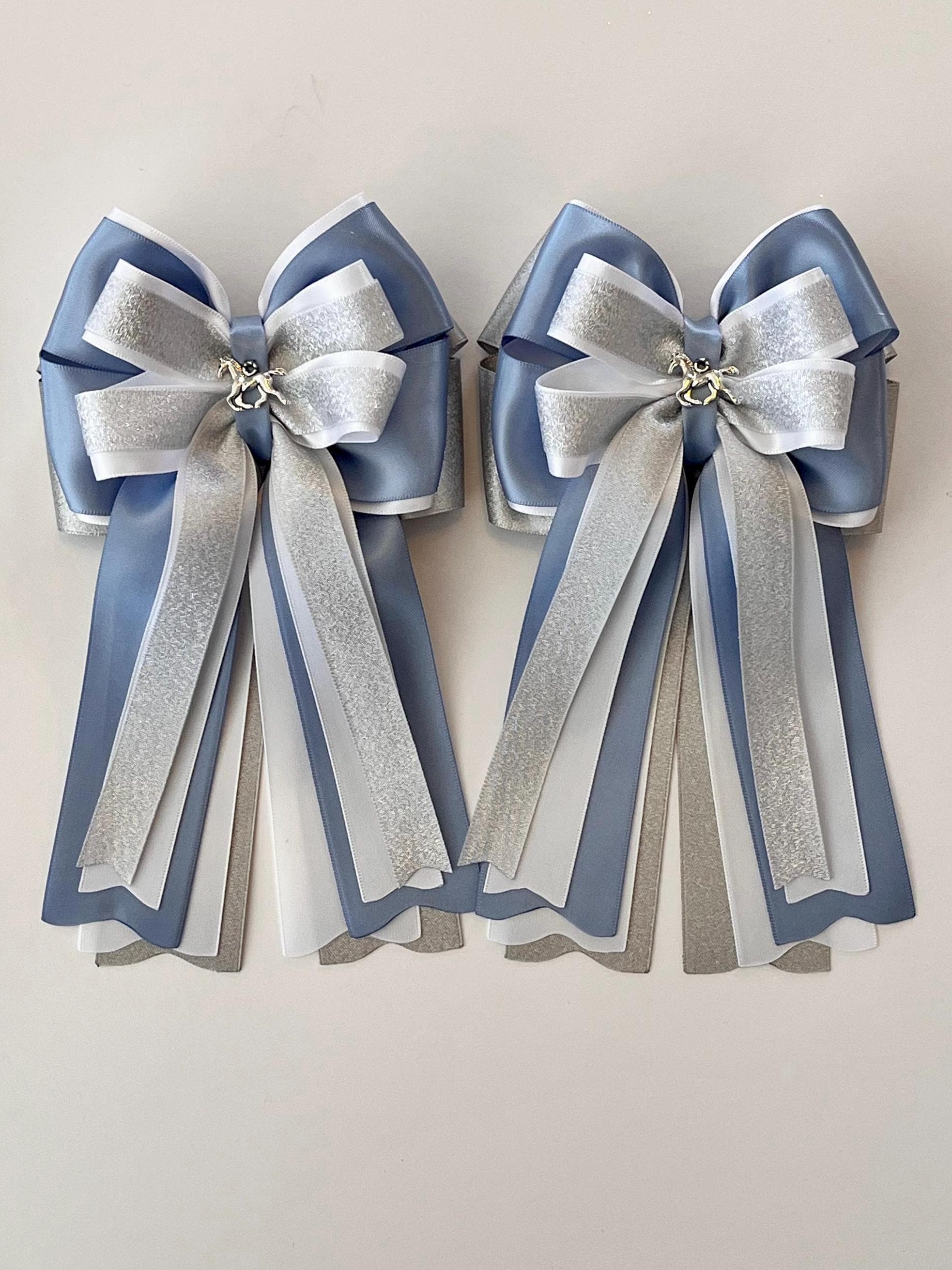 Silver Shimmer, French Blue and White Horse Show Bows, Girl's Equestrian Show Bows, Horseback Riding Bows, Horse Bows, Pony Show, Pony Bows