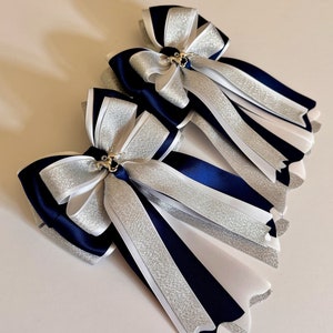 Silver Shimmer, Navy and White Horse Show Bows, Equestrian Show Bows, Pony Bows, Horseback Riding Bows image 6