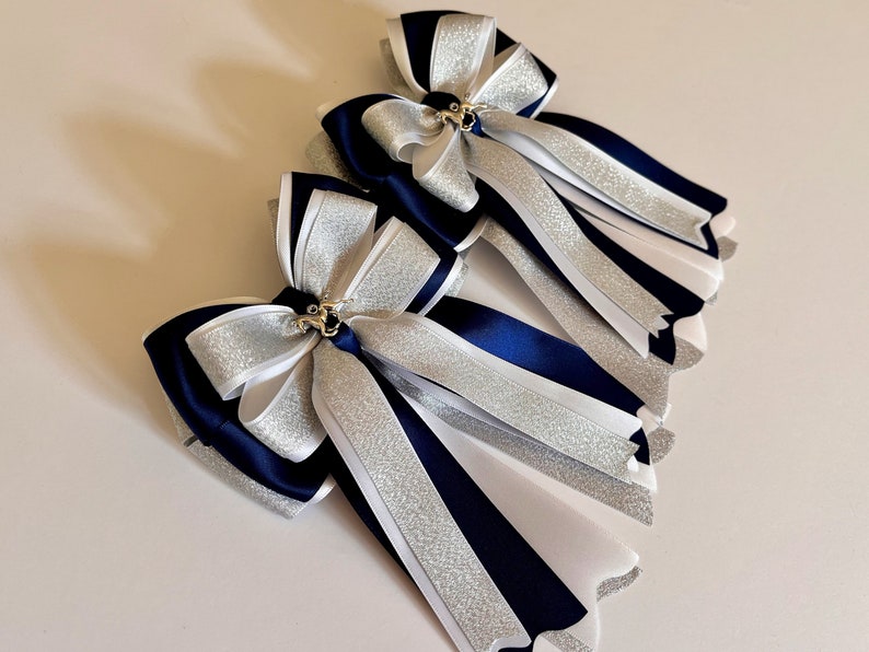 Silver Shimmer, Navy and White Horse Show Bows, Equestrian Show Bows, Pony Bows, Horseback Riding Bows image 6