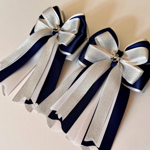 Silver Shimmer, Navy and White Horse Show Bows, Equestrian Show Bows, Pony Bows, Horseback Riding Bows image 4