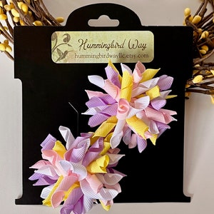 Spring Pastel Korker Clip Set, Easter Hair Bows, Curly Ribbon Hair Bows, Girl&#39;s Korker Hair Bows, Pink Yellow White  green and Purple Bows