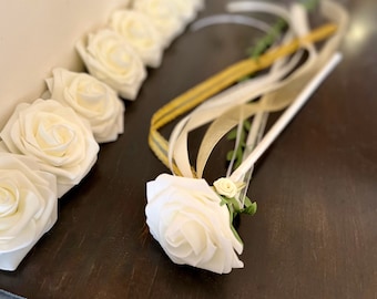 Ivory Rose Ribon Wand, Ivory Rose Wand, Flower Girl Wand, Princess Wand, Fairy Wand