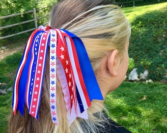 Patriotic Ponytail Streamer: Red, White, and Blue Ribbon Hair Bow