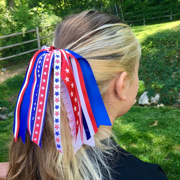 Patriotic Ponytail Streamer, Red, White and Blue Hair Ribons, Girl's USA Ponytail Streamer, Memorial Day Hair Elastic, July 4th Hair Bow