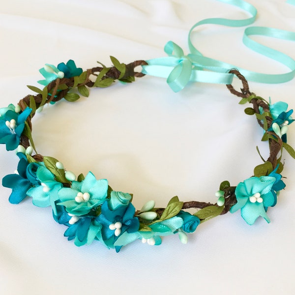 Turquoise Flower Crown, Bridal Headpiece, Flower Girl Crown, Handmade Flower Crown, Rustic Wedding, Teal and Turquoise, Green and Blue