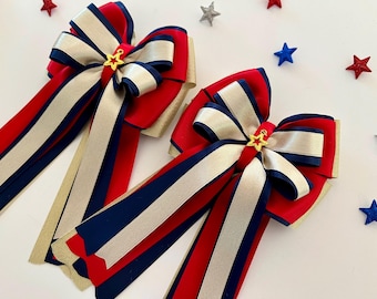 Red, Navy, and Gold Horse Show Bows: Patriotic Equestrian Bows(Set of 2)