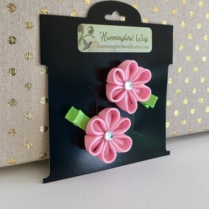Pink Flowers Clip Set, Kanzashi Flower Bows, Ribbon Flower Hair Bows,
