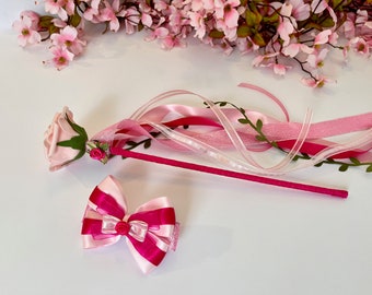 Aurora Inspired Rose Wand and Hair Bow Set, Sleeping Beauty Inspired Hair Bow and Wand, Pink Princess Costume Accessory, Disney Inspired