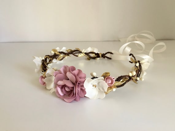 Gold Flower Crown: Pink & Cream Satin Flowers, Bridal  display picture 2