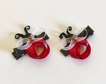 Ladybugs Clip Set, Ribbon Ladybug Hair Bows, Girl&#39;s Red Ladybug Hair Clips, Ladybug Barettes