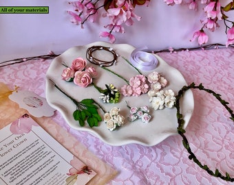 DIY Flower Crown Kit, White, Ivory & Pink Flower Crown Kit, Make Your Own Grapevine Flower Wreath, Bachelorette, Bridal, Birthday Party