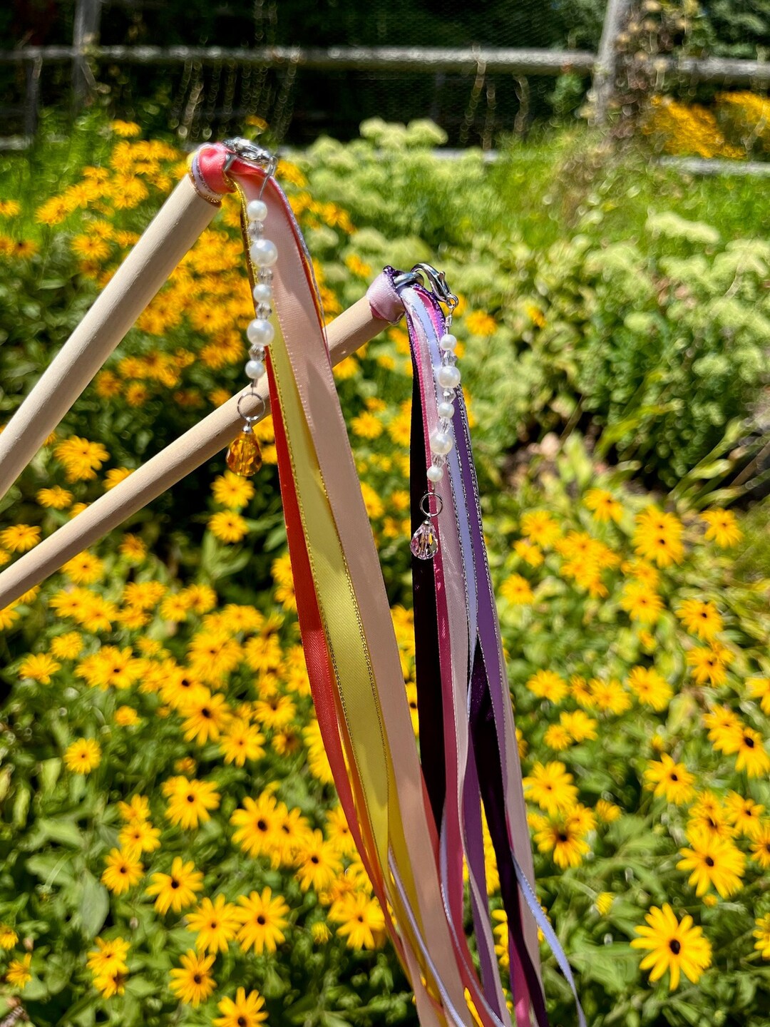 Ribbon Wands, Beaded Charm Wands, Kids Ribbon Wand, Pink and Purple