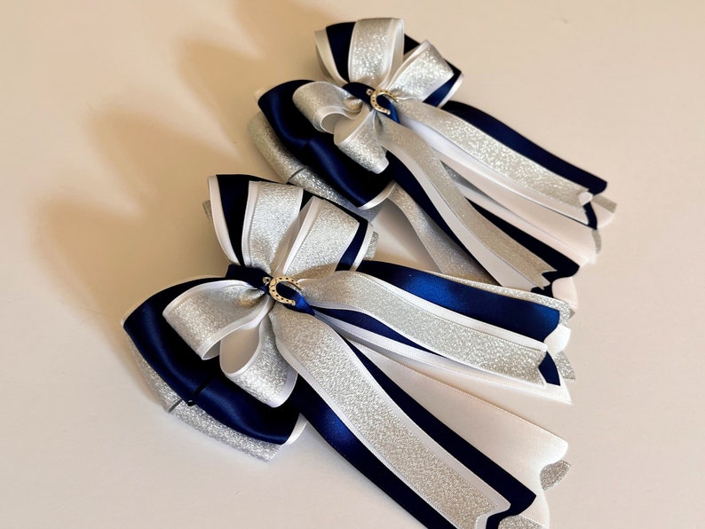 Silver Shimmer, Navy and White Horse Show Bows, Equestrian Show Bows, Pony Bows, Horseback Riding Bows image 1