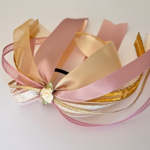 Gold and Rose Gold Ponytail Streamer, Girl&#39;s Pink and Gold Hair Elastic, Ribbon Hair Ties, Cream, Gold and Mauve Ponytail Streamer
