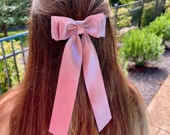 Satin Long Tail Hair Bow: Multiple Colors, Barrette or Elastic