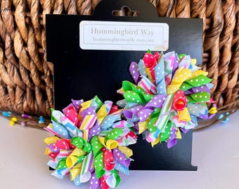Spring Hair Bows: Colorful Ribbon Hair Clips - Set of 2