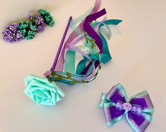 Little Mermaid Inspired Ribbon Wand and Hair Bow Set, Ariel Hair Bow and Wand, Princess Costume, Purple, Teal and Turquoise, Disney Inspired