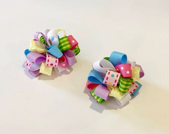 Loopy Ribbon Pom Pom Hair Bows: Colorful Girl's Clip Set