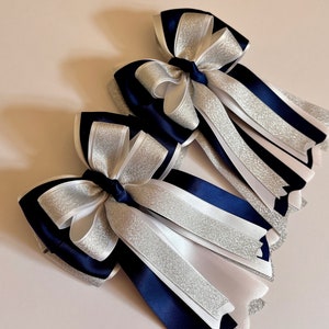 Silver Shimmer, Navy and White Horse Show Bows, Equestrian Show Bows, Pony Bows, Horseback Riding Bows image 5