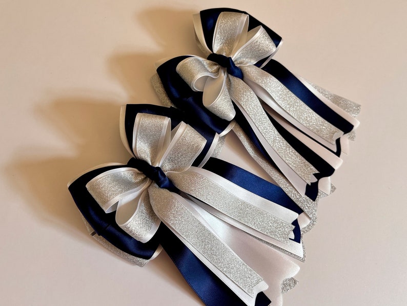 Silver Shimmer, Navy and White Horse Show Bows, Equestrian Show Bows, Pony Bows, Horseback Riding Bows image 5