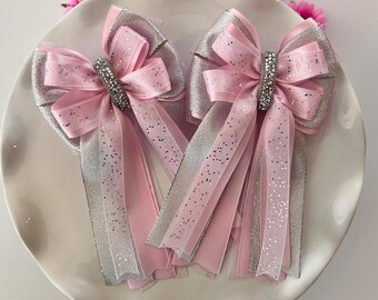 Pink & Silver Rhinestone Horse Show Bows: Equestrian Hair Bows(Set of 2)