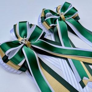 Hunter Green, White and Gold Horse Show Bows, Equestrian Show Bows, Pony Bows, Competition Bows