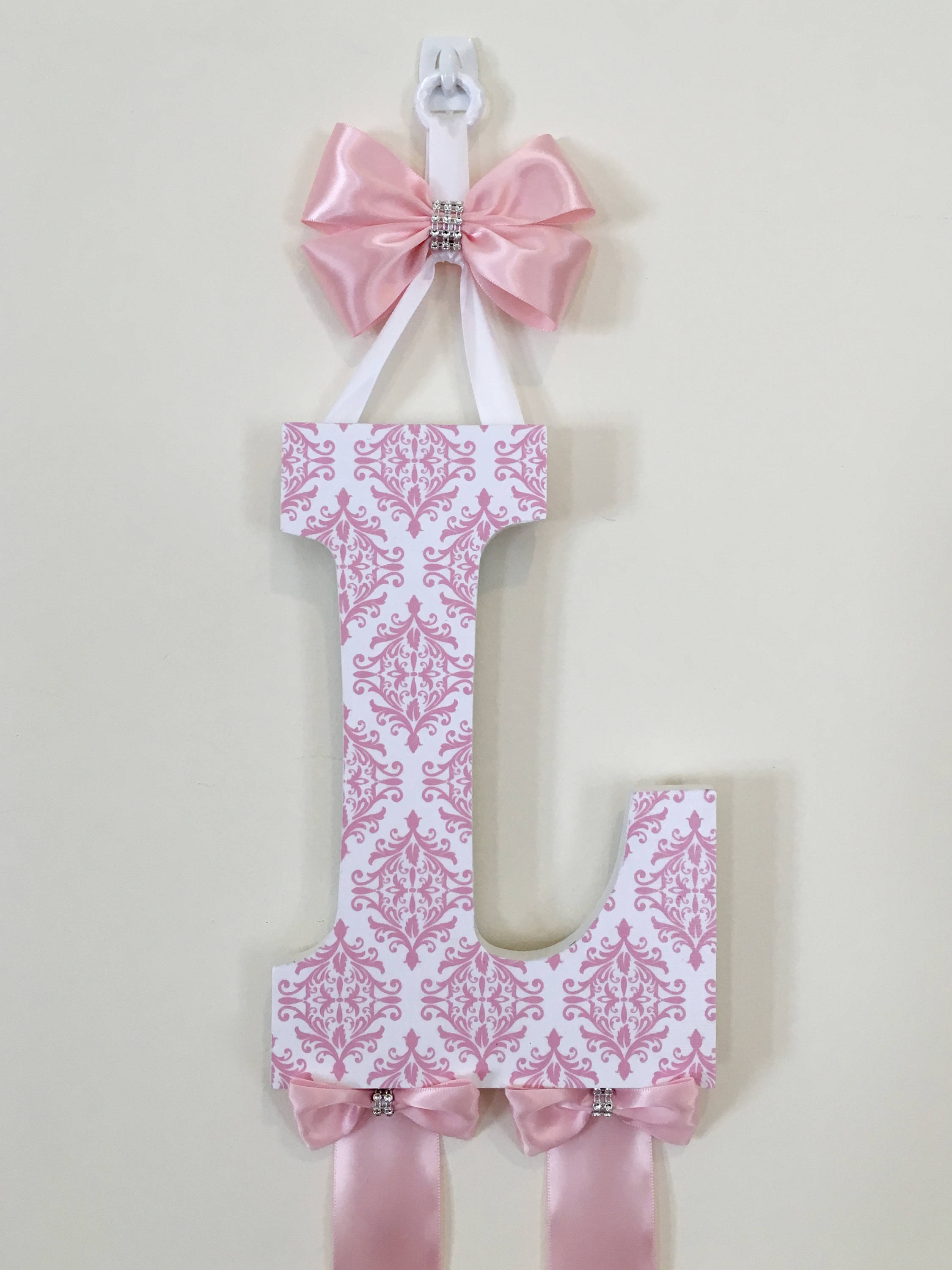 Custom Rosy Pink and White Hearts Hair Bow Organizer, Girl's Bow Holder,  Kid's Wall Letter, Initial Letter 
