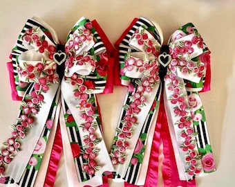 Pink Floral Horse Show Bows: Equestrian Ribbon Hair Bows(Set of 2)