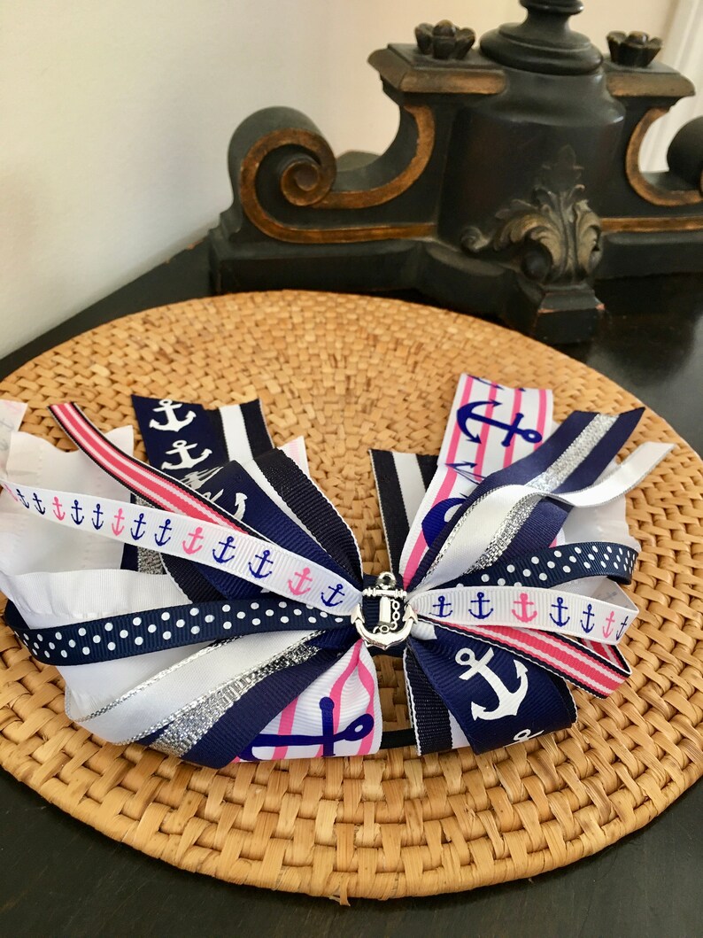 Nautical Navy And Pink Ponytail Streamer Anchor Ribbon Hair Etsy