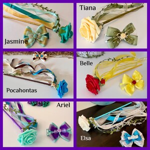 May include: A set of 10 princess-themed wands with matching hair bows. Each wand features a different color ribbon and a flower, with a corresponding bow in the same color. The wands are labeled with the names of the princesses: Tiana, Belle, Pocahontas, Ariel, and Elsa.  The bows are in colors like teal, yellow, red, purple, and blue.