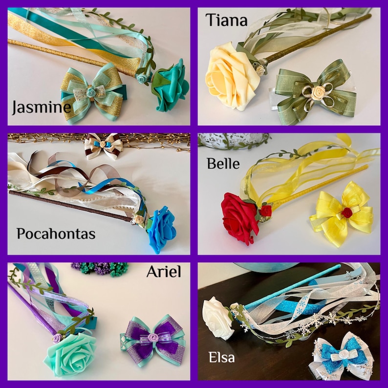 May include: A set of 10 princess-themed wands with matching hair bows. Each wand features a different color ribbon and a flower, with a corresponding bow in the same color. The wands are labeled with the names of the princesses: Tiana, Belle, Pocahontas, Ariel, and Elsa.  The bows are in colors like teal, yellow, red, purple, and blue.