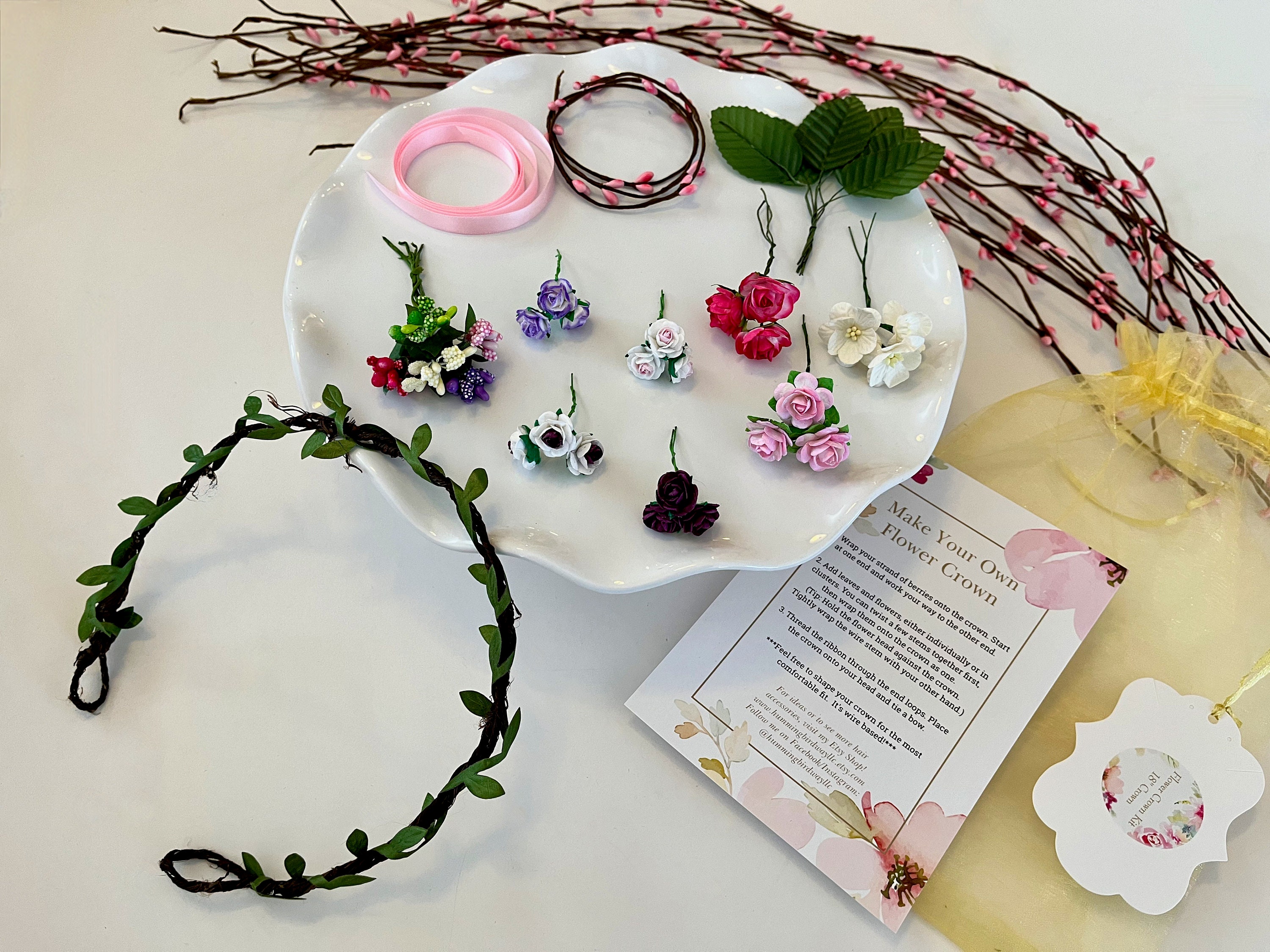 HummingbirdWayLLC Pink, Purple and Cream Flower Crown Kit, DIY Flower Crown, Make Your Own Flower Wreath, Bachelorette Party, Birthday Party, Hen Party