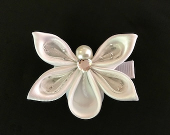 Angel Hair Bow, White and Silver Kanzashi Hair Clip, Girl&#39;s Christmas Ribbon Angel Hair Bow